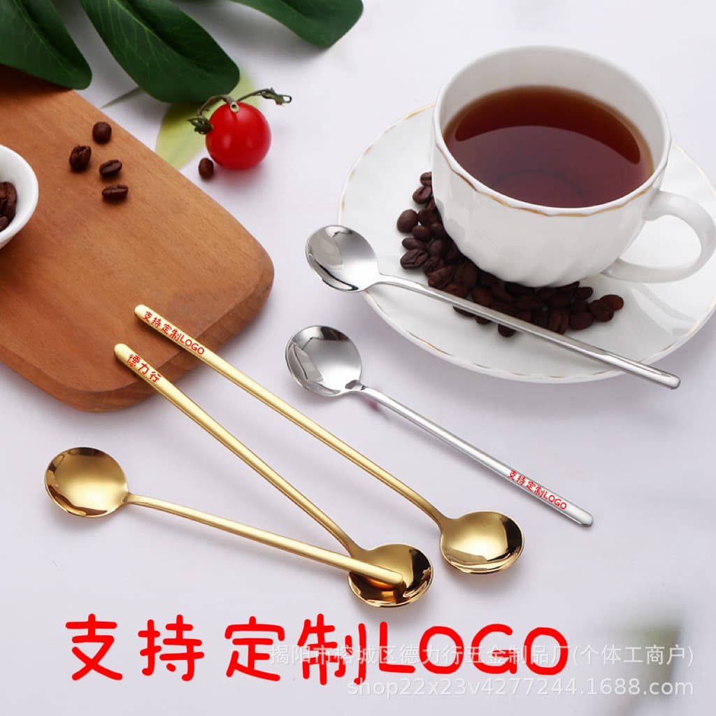 Stainless Steel Small Spoon Korean Coffee Spoon Small Round Spoon Dessert High Appearance Long Handle Bar Cocktail Stirring Bird's Nest Spoon