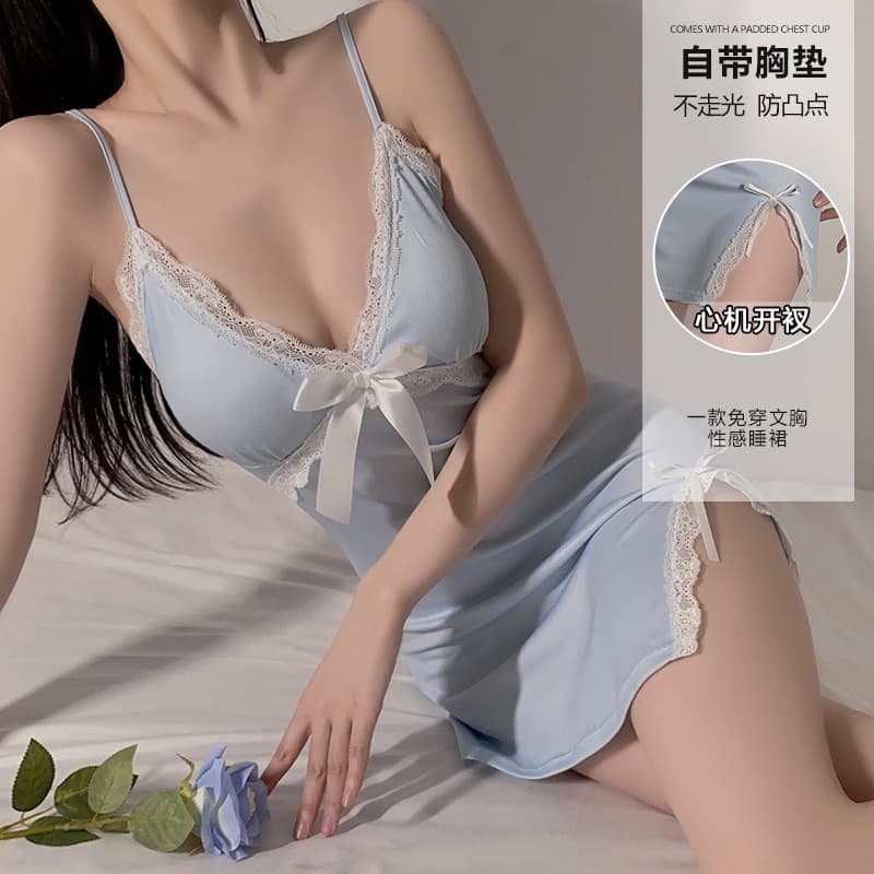 Guiruo New Plus Size Underwear Temptation Sexy Side Slit Women's Printed Chest Pad Suspender Nightdress Home Clothes 4385