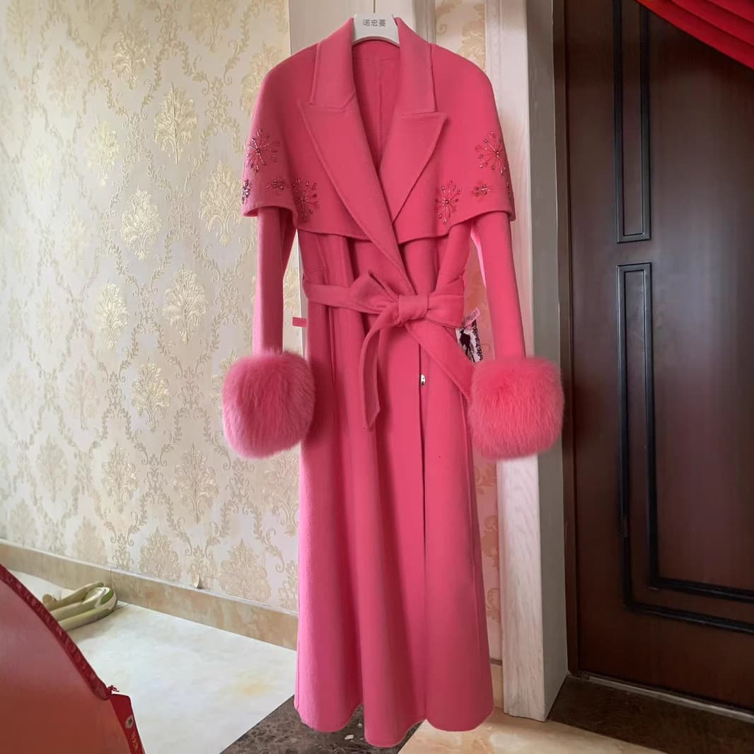 Haining New Handmade Beaded Wool Coat for Women, Elegant Fox Fur Cuffs Double-Faced Wool Outerwear