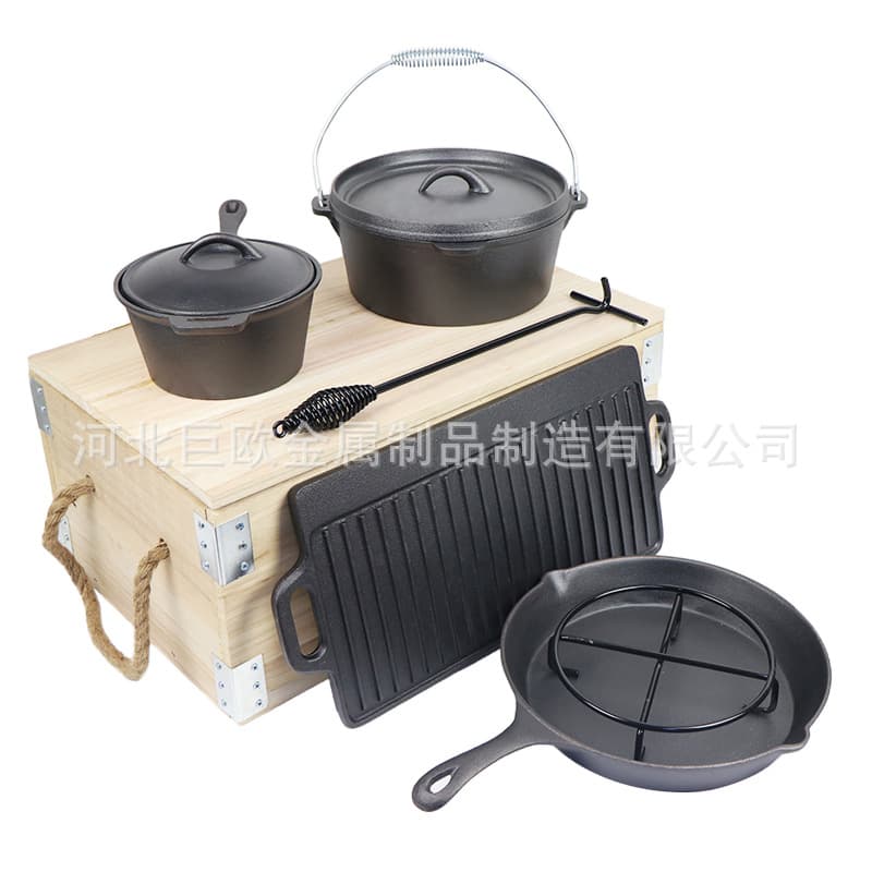 Outdoor Cookware Set Cast Iron Pot Camping Cookware Cast Iron Dutch Oven Wooden Box Set Camping Kitchen Set Camp