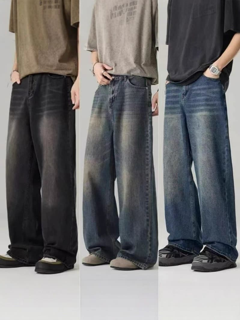 Cross-border Men's Jeans Southeast Asia Hot Selling Washed Wide Leg Jeans Men Vintage Retro Loose Straight Pants