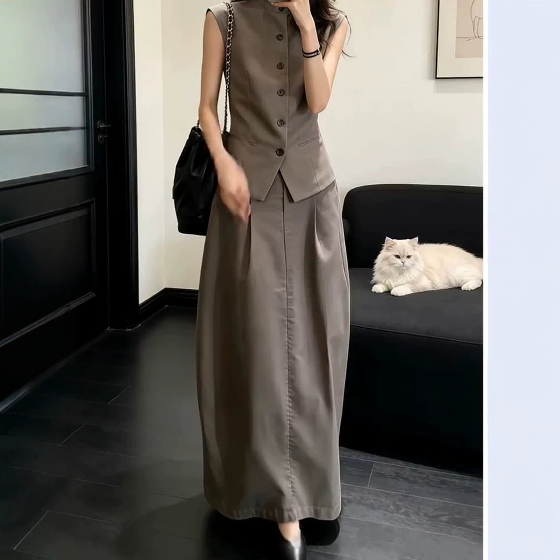 Old Money Style Fitted Vest Set Women Summer New Trend Office Casual Stand Collar Button Vest Skirt Two-Piece Set