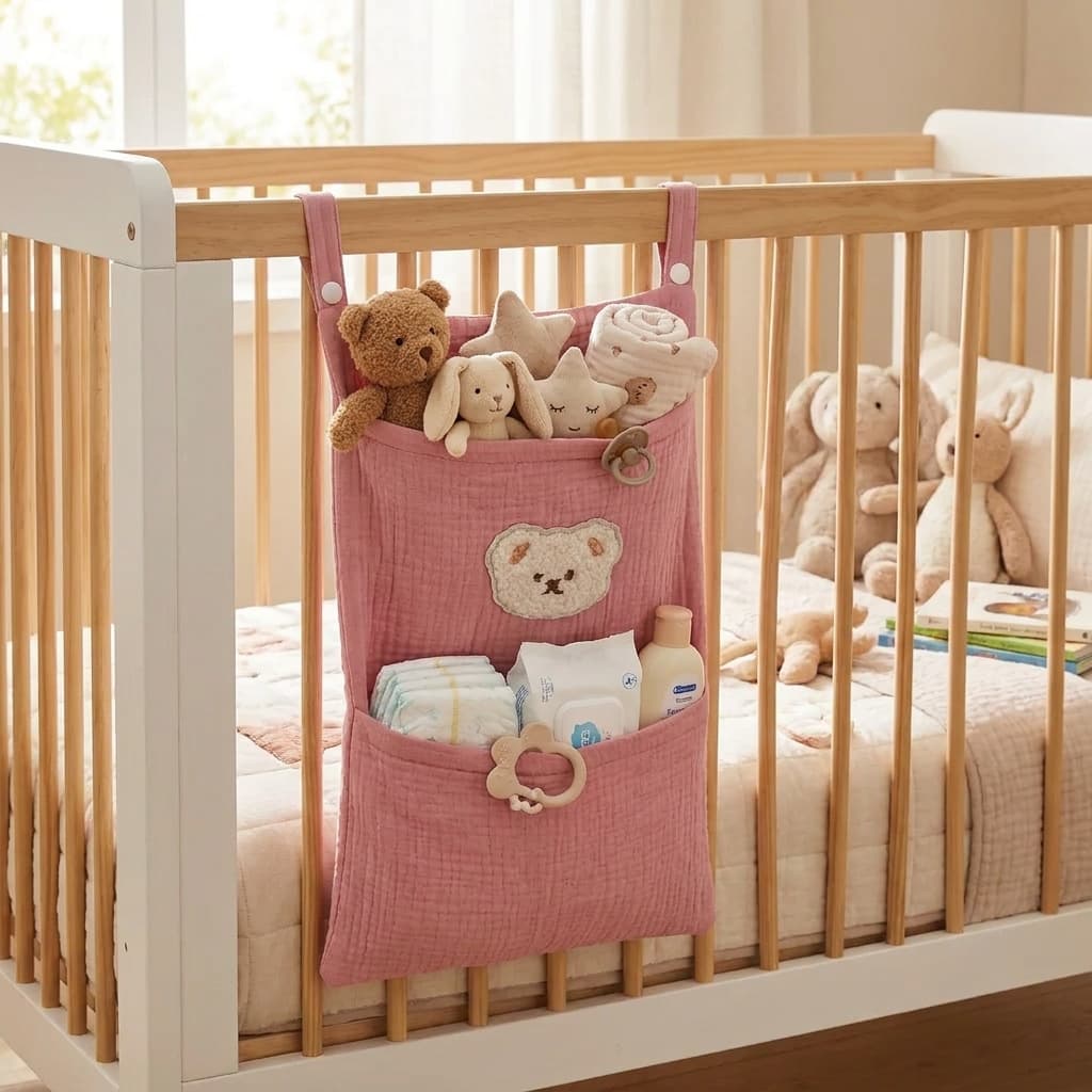 Muslin Cotton Storage Bag for Baby Crib, Diaper Organizer, Bedside Caddy, Multi-Functional Stroller Hanging Pouch