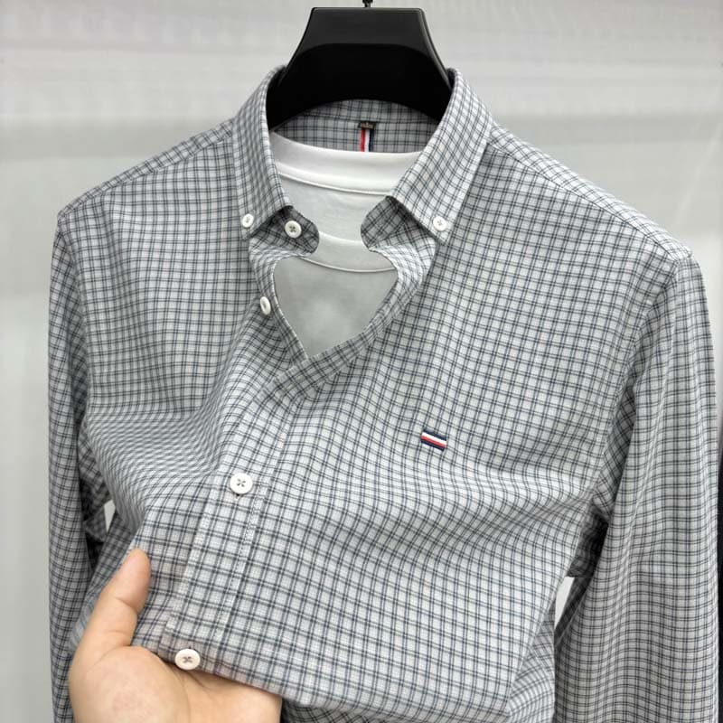 Fashionable plaid high-end long-sleeved shirt for men spring and autumn new business casual pure cotton embroidered versatile shirt trend