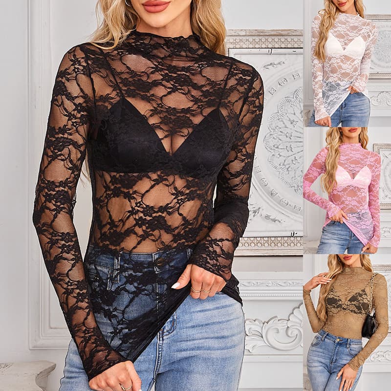 Cross-border Amazon TK 2025 Summer Best-selling Mesh Base Layer Shirt Slim Fit Lace Long Sleeve Top T-Shirt for Women