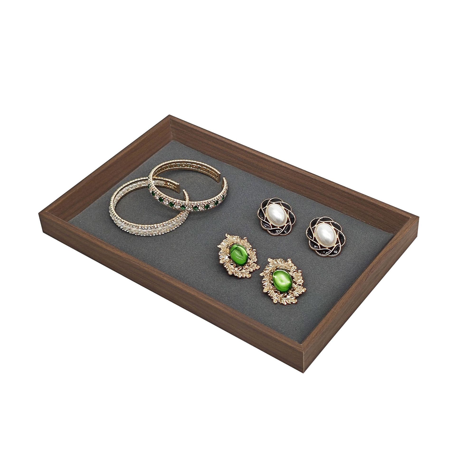 In Stock Wholesale Black Walnut Grain Microfiber Velvet Wooden Jewelry Ring Display Sales Tray High-end Jewelry Tray