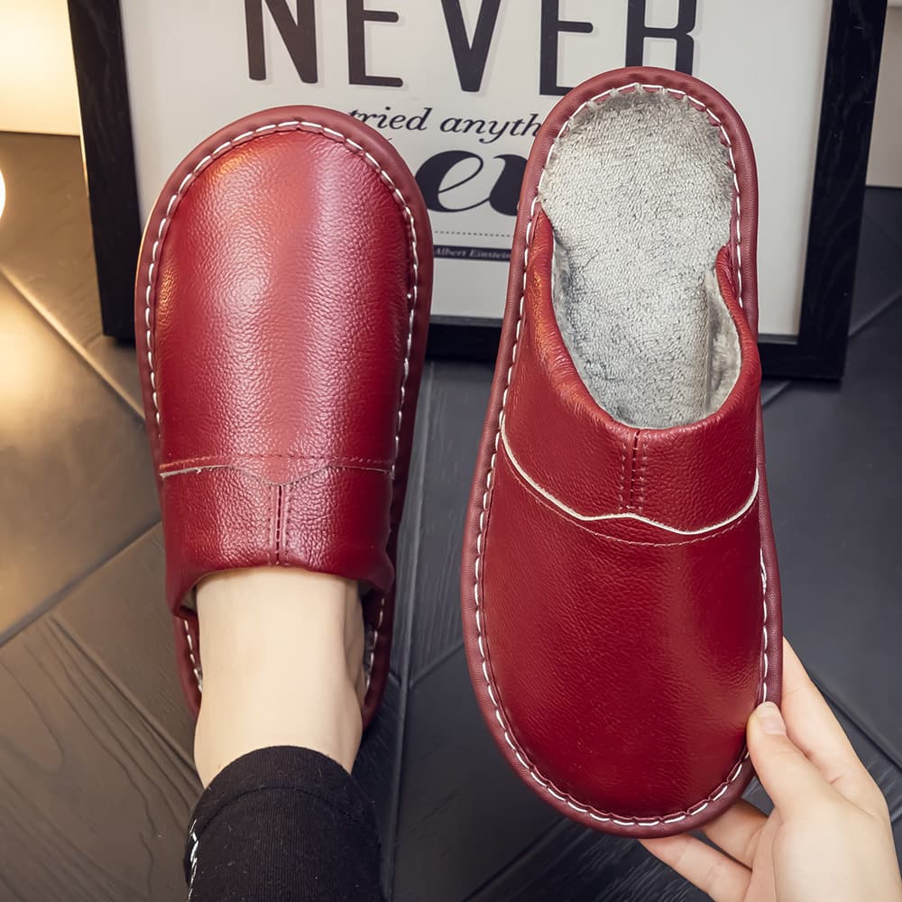 Full Cowhide Genuine Leather Slippers Home Use Winter Warm Anti-Slip Cotton Slippers for Men And Women Couples Comfortable