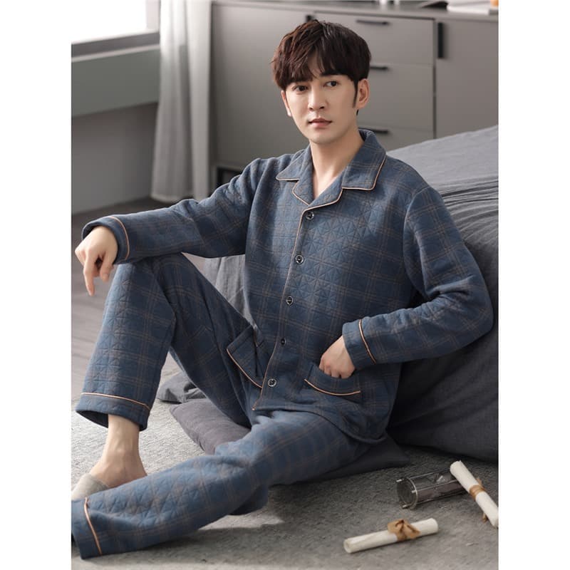 Air cotton pajamas for men in autumn and winter thickened 100% cotton sandwich long-sleeved large size can be worn outside home clothes