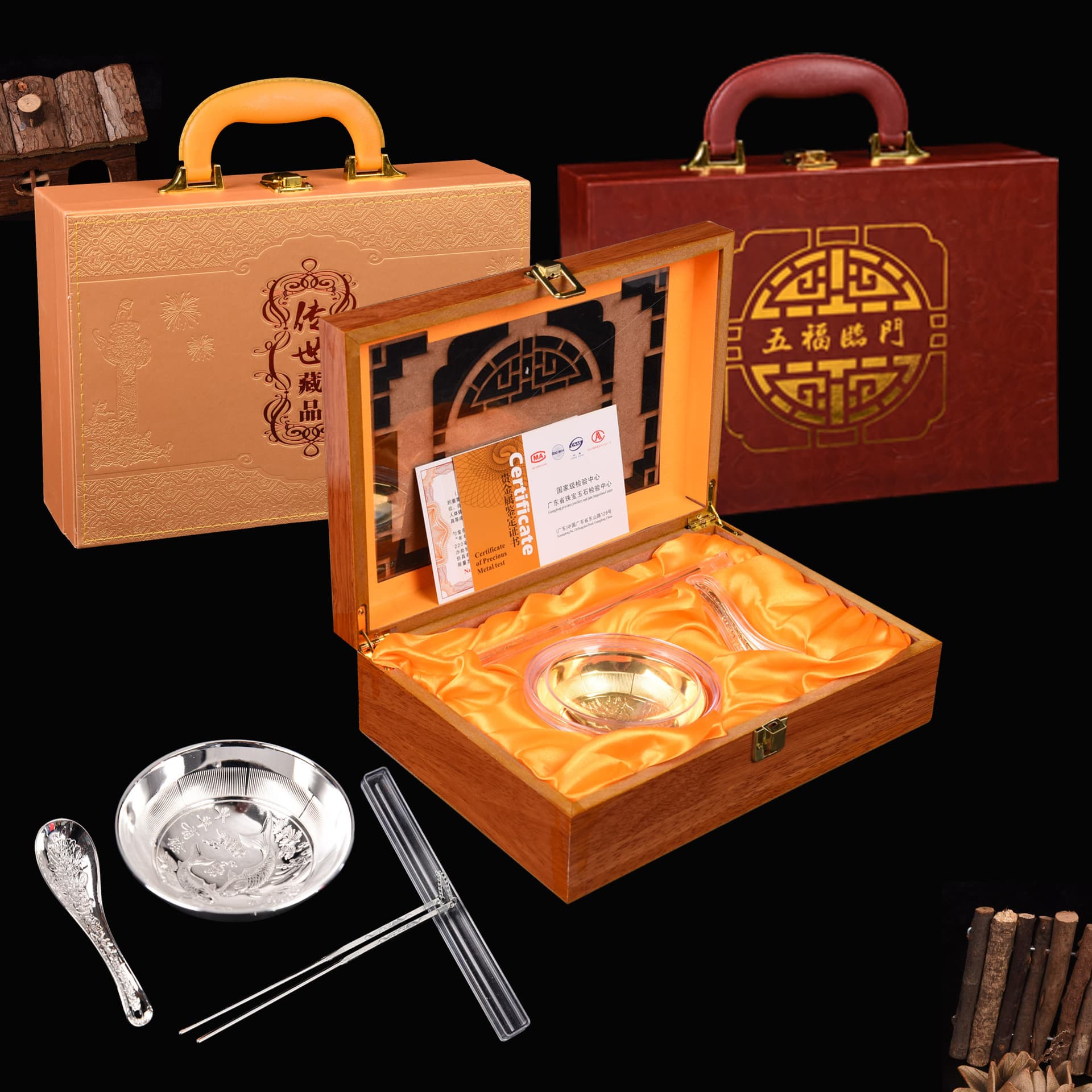 Leather box, silver bowl, three-piece set, silver-plated five-blessing wooden box, six-piece silver bowl set, wedding return gift, business souvenir
