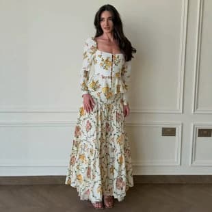2026 Spring European and American Amazon Cross-Border Floral Print Evening Dress Long Sleeve Fitted Top and Skirt Set