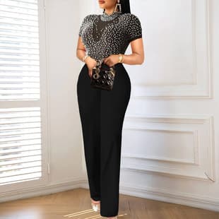 AM221118 Round Neck Short Sleeve Beaded Jumpsuit Casual High-Waist Slimming Party Dress Jumpsuit