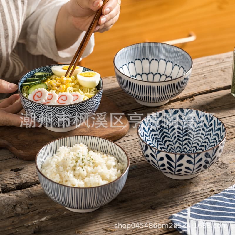 Japanese Style 5 Inch Rice Bowl Underglaze Color Ceramic Dining Bowl Household Small Bowl Vintage Tableware Tall Bowl Rice Bowl