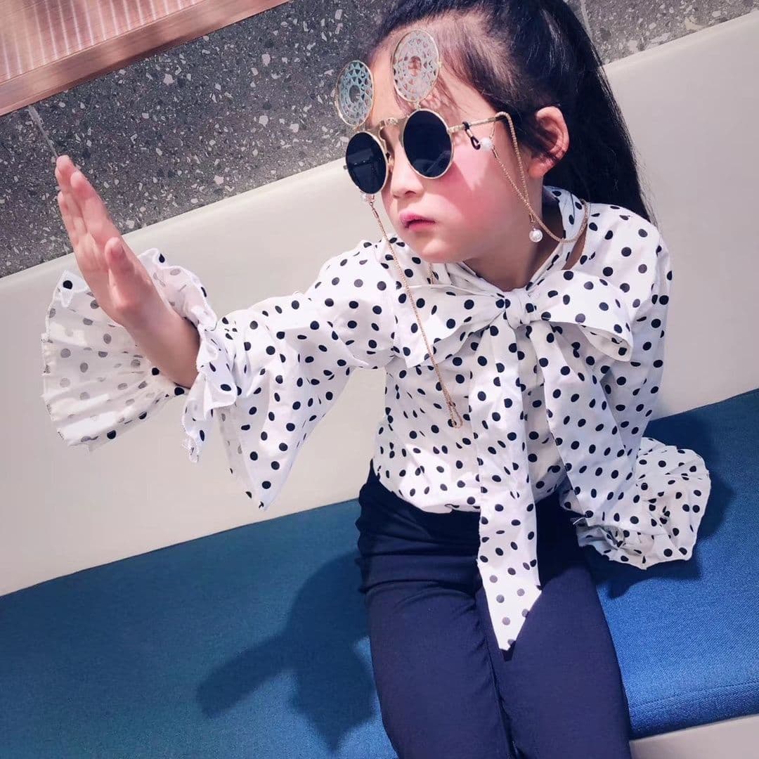 Girls' trendy forest style cute ruffled polka dot shirt with bow polka dot puff sleeves and polka dot skirt for parents and children
