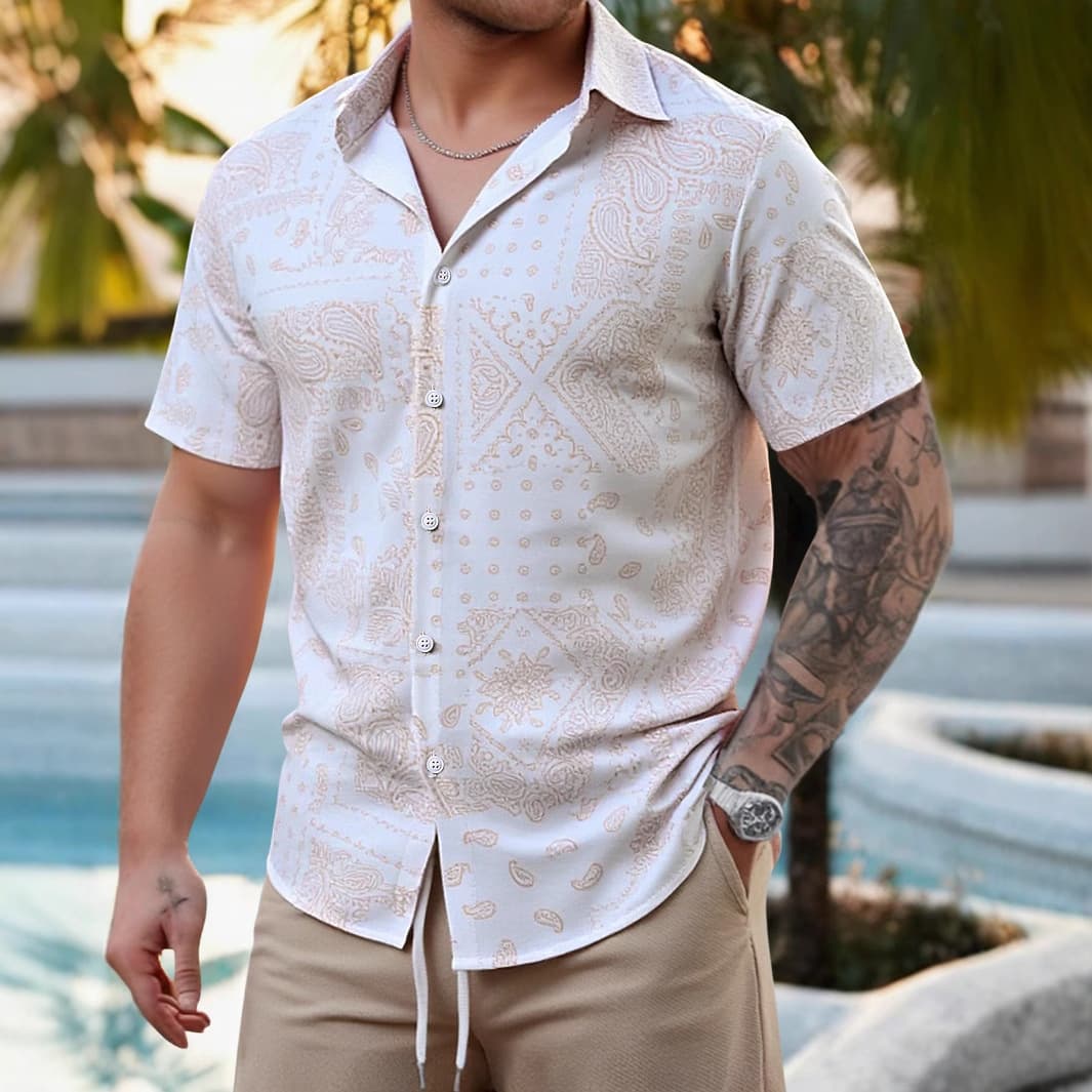 Casual Men's Green Paisley Short Sleeve Shirt for Young Men, Summer 2025 New Arrival, Cross-Border Supply