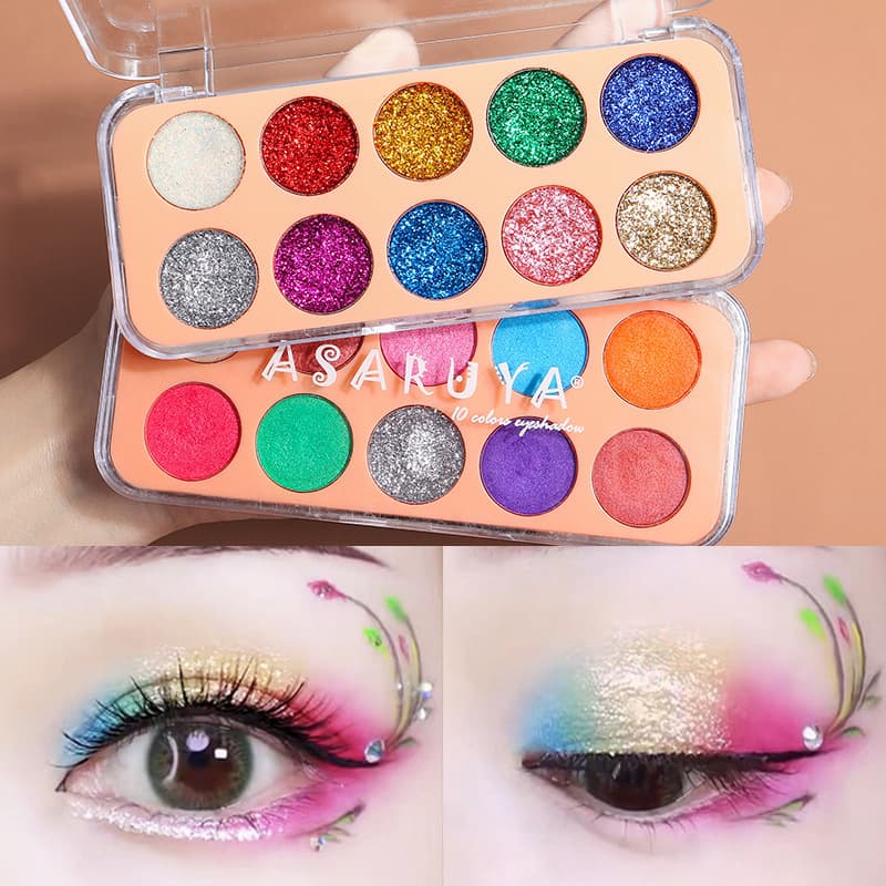 Ashareya Holographic 10-Color Eye Shadow Palette - Super Sparkle Gold Glitter, Large Sequins, Stage Makeup, Festival Makeup, Cosplay Makeup