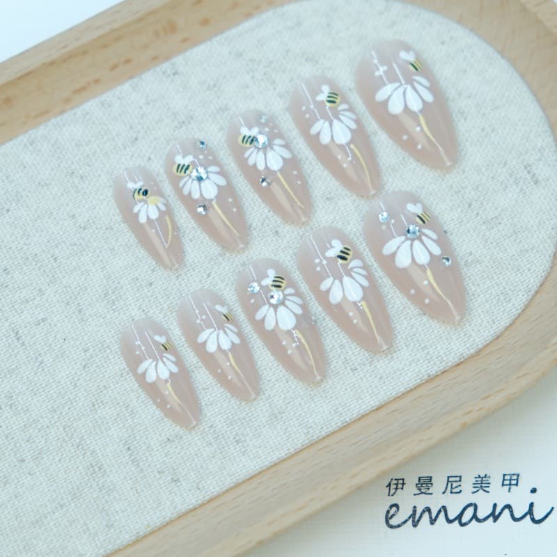 24 Pieces Cross-Border 3D Almond Press-On Nails with Rhinestones, Hand-Painted Bees and Flowers, French Style Nail Tips Wholesale