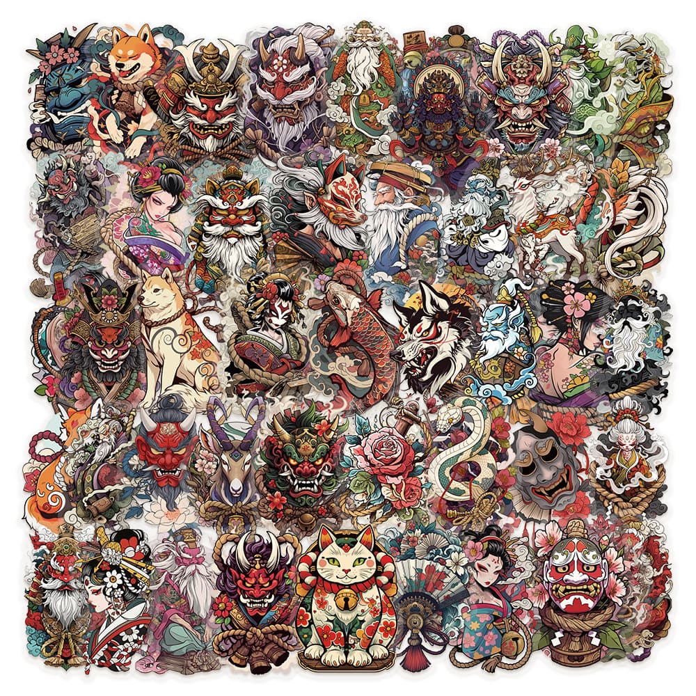 50 Cartoon Japanese Tattoo Art Stickers High-Quality Decals for Phone Cases Laptops Waterproof