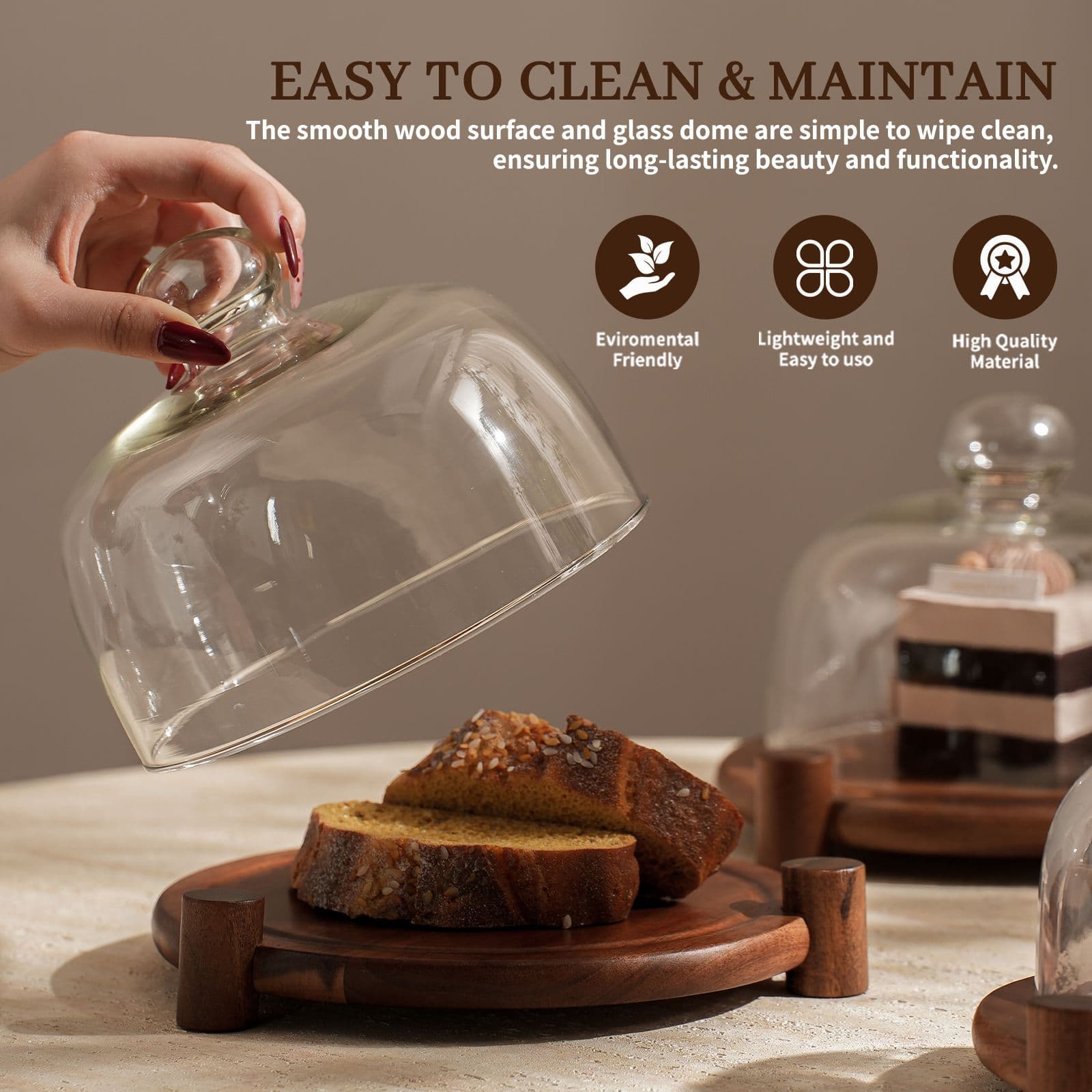 Wooden Cake Plate with Dustproof Glass Dome Snack Fruit Pastry Tray Dessert Display Stand Cross-Border Wholesale