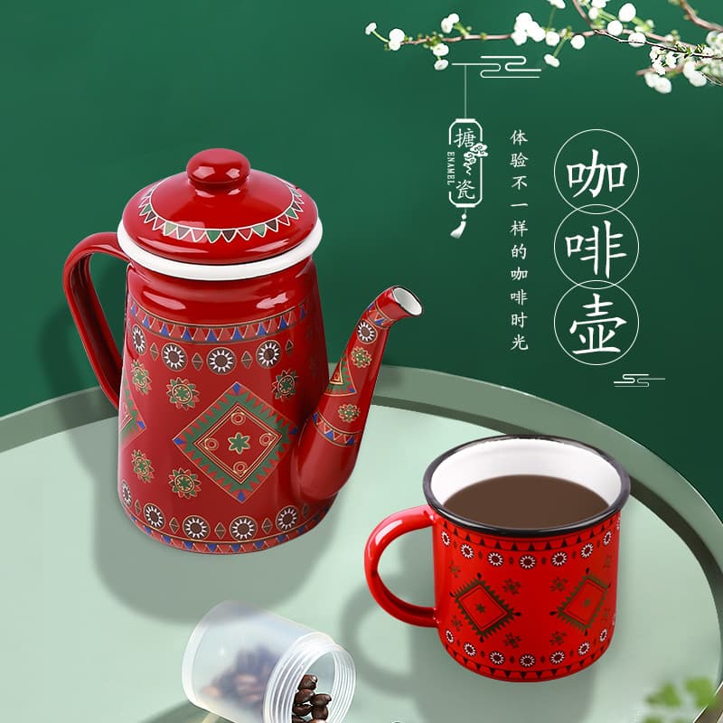 Enamel Kettle Set Coffee Kettle Cold Water Kettle Thin Spout Kettle Gift Kitchenware Custom White Inside Colorful Outside Decal