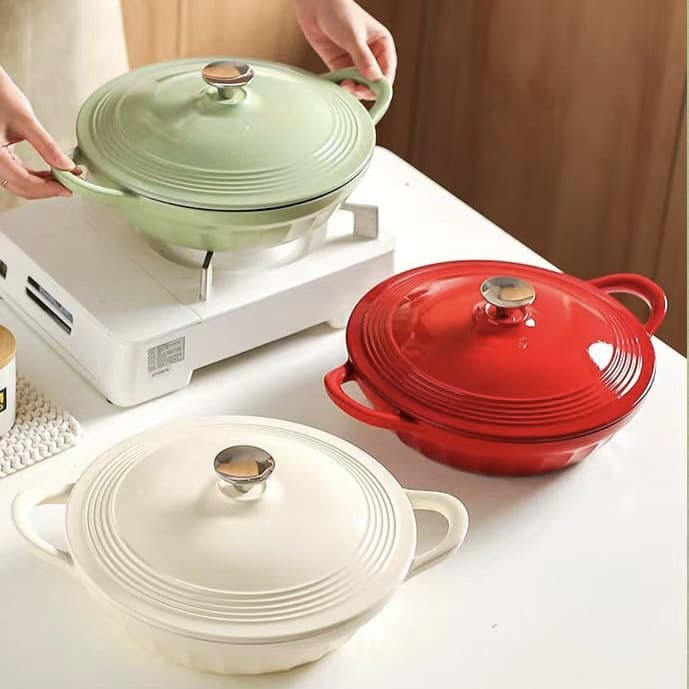 Export Cast Iron Enameled Pot Braising Pan Wok Seafood Pot Casserole Dry Pot Braised Flat Bottom Cast Iron Pot