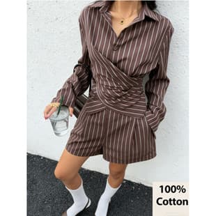 In Stock Cross-Border Shirt Dress European American 2026 Summer New Vacation Relaxed Striped Tie Collar Shirt Set