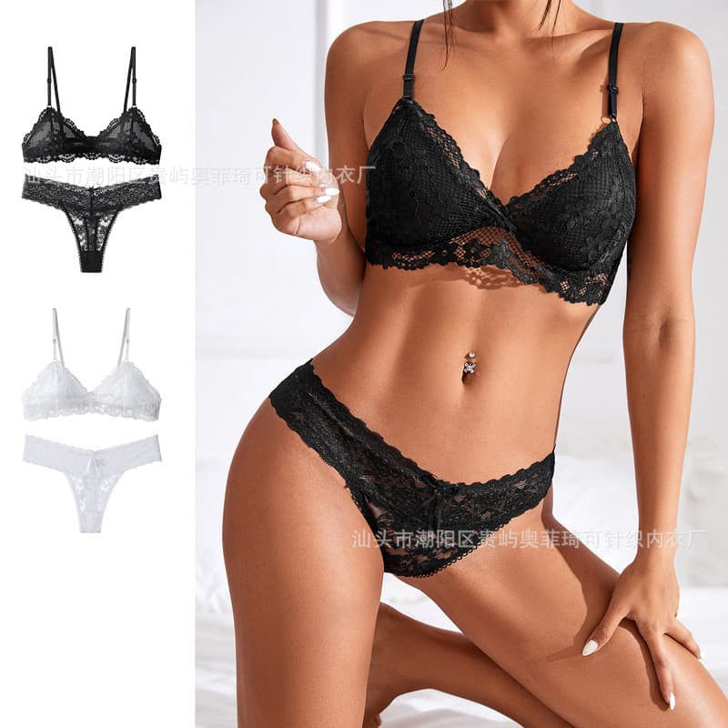 European and American Deep V Ultra Thin Seamless Lace Sexy Backless Bra No Steel Ring No Chest Pad Breathable Bra Women's Underwear Set