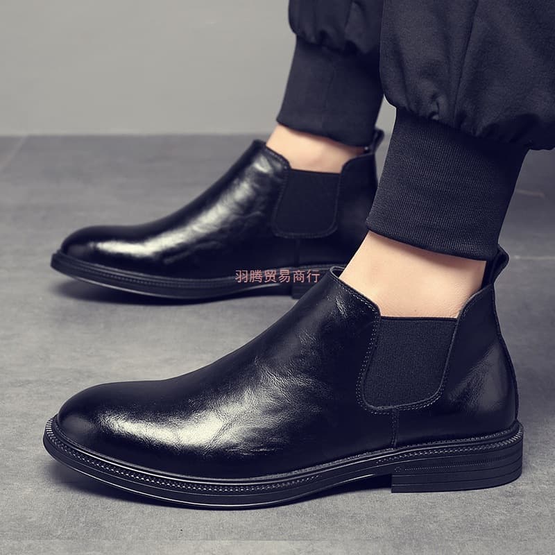 Genuine Leather Ankle Boots High-Top Martin Boots British Style Black Business Leather Shoes Winter Fleece-Lined Warm Chelsea Boots Men