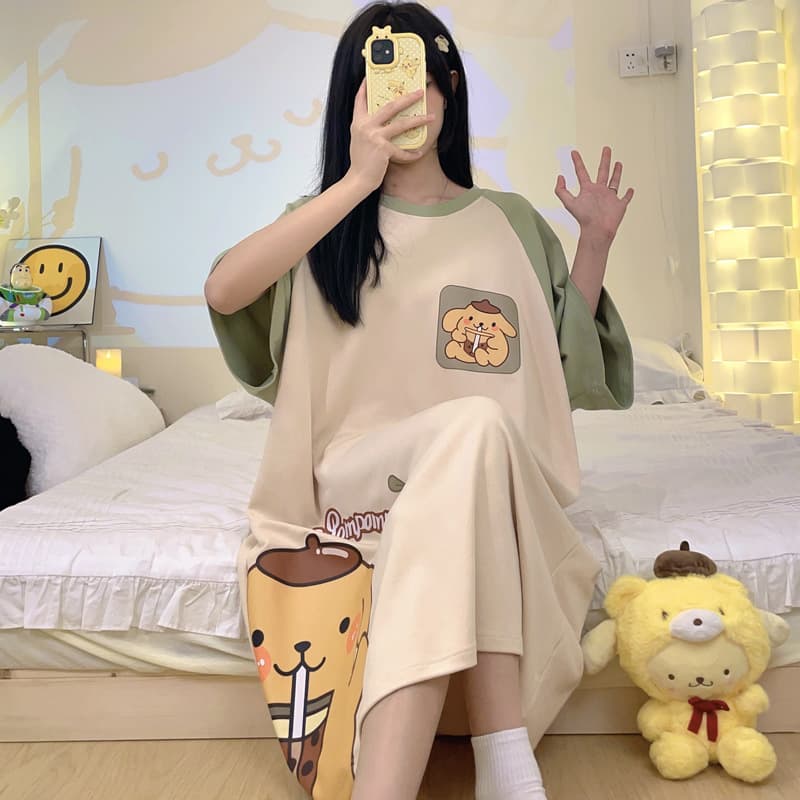 Plus Size Pajamas for Young Ladies Summer Short-Sleeved Loose Maternity Nightgown Cute Mid-Length Home Clothes