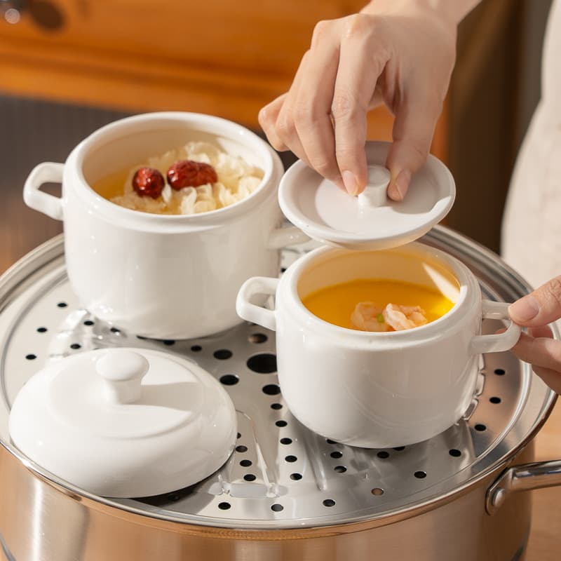 Double-Eared Ceramic Soup Pot with Lid, Water-Insulated Health Supplement Soup Bowl, Home Use Longevity Soup Bowl, Steamed Egg Pot