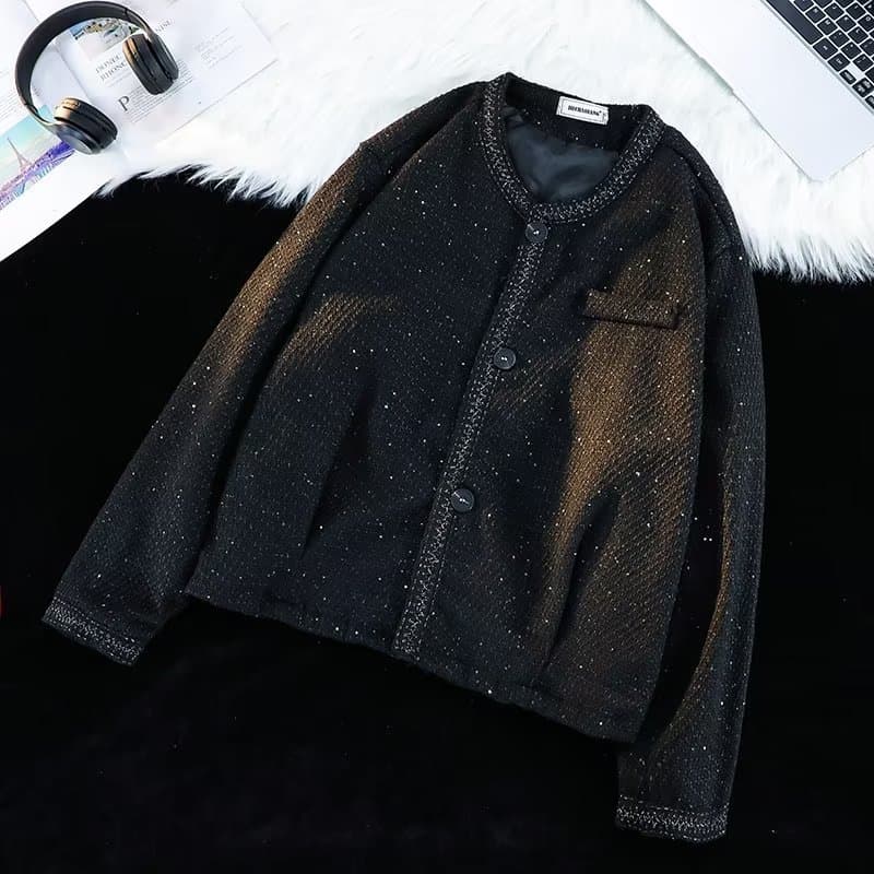 Factory direct sales autumn and winter fashionable bright silk small fragrance style collarless jacket for women Korean style solid color design jacket
