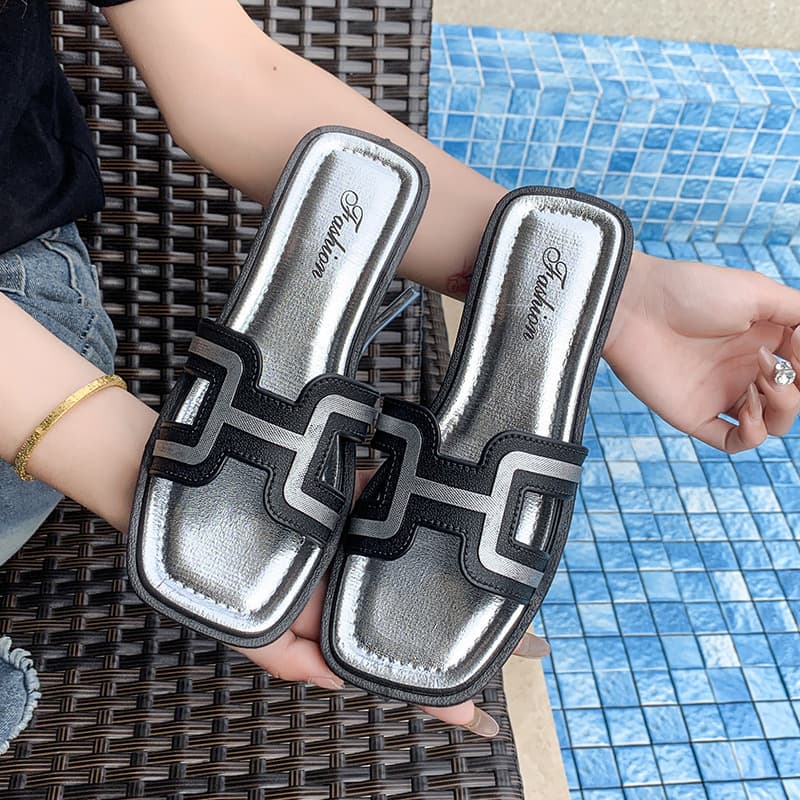 Women's Slippers 2025 Summer New French Style H-Strap Square Toe Flat Fashion Versatile Outdoor Beach One-Strap Sandals
