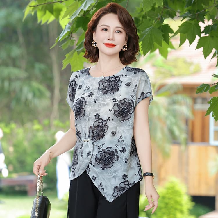 Middle-Aged Mother's Summer Short-Sleeve T-Shirt Top, Elegant and Casual Shirt, Fashionable and Youthful Blouse