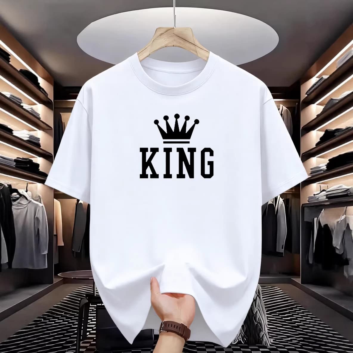 100% cotton men's summer T-shirt short-sleeved KING pattern large size in stock printing trendy leisure foreign trade