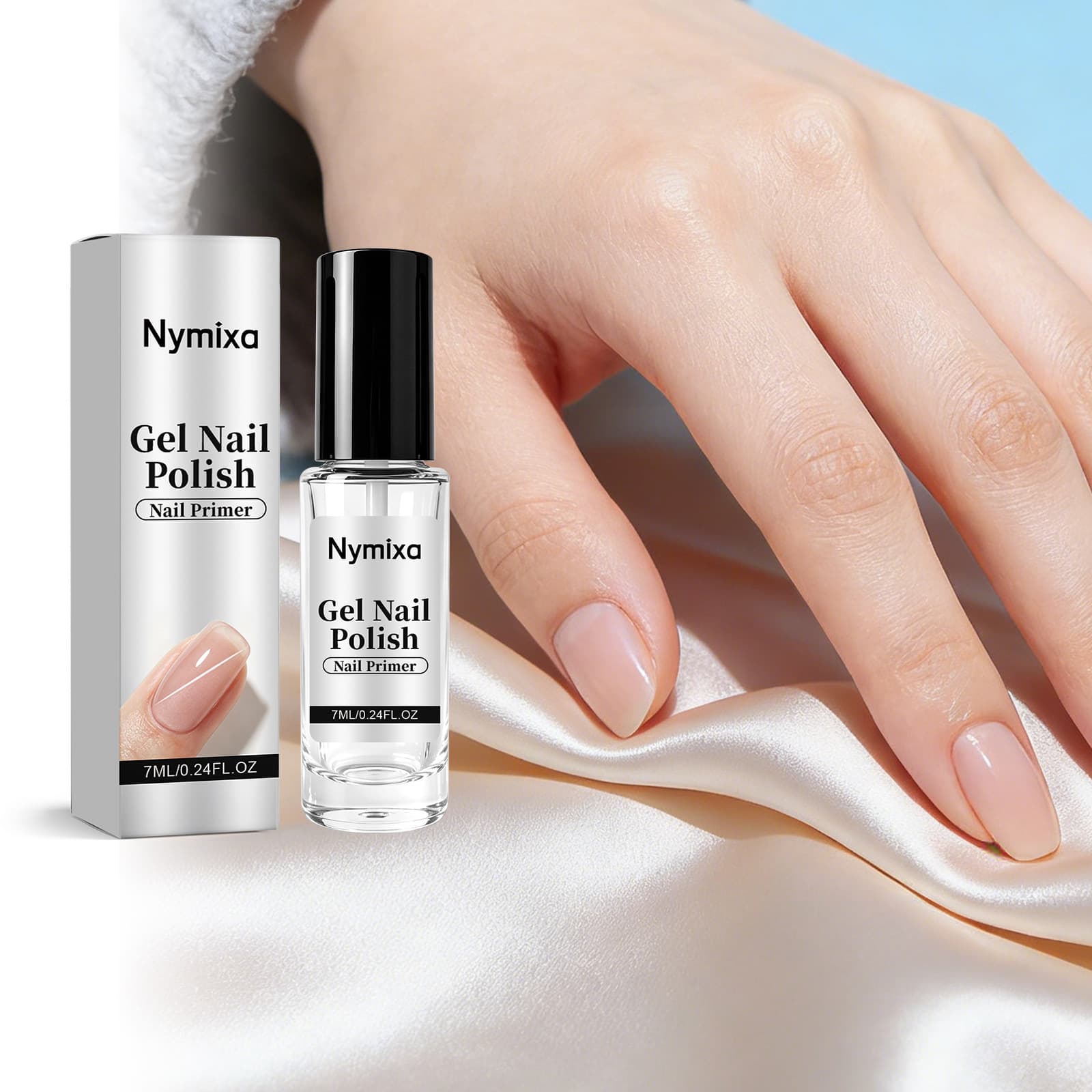Nymixa manicure nail base. Light texture, gentle care for the nail surface. Convenient and easy to use nail base.