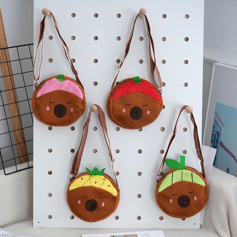 New Kapibara-san Wallet with Fruit Hat, Cute Plush Keychain Pouch, Children's Crossbody Coin Purse