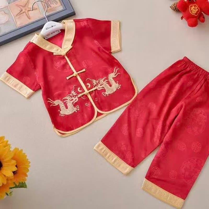 Chinese style summer children's Tang suit embroidered double dragon short-sleeved suit boy's performance clothing one-year-old new Chinese style dress