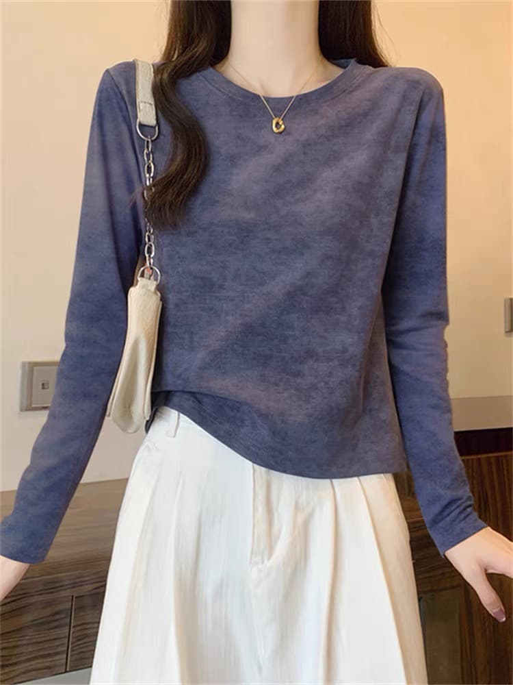 American Tie-Dye Long-Sleeve T-Shirt Women's 2026 New Style Regular Shoulder Slim Fit Pure Cotton Base Layer Top with Design Detail for Fall