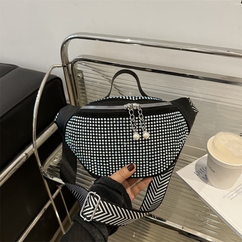 Korean-style rhinestone bag, fashionable single-shoulder waist bag, chest bag, crossbody bag for women, versatile trendy mini underarm bag