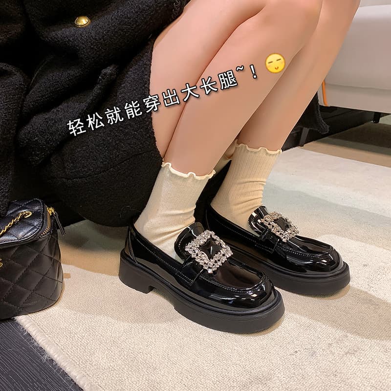 8858-10~ British Style 2025 New Spring/Summer Versatile French Crystal Square Buckle Loafers Small Leather Shoes