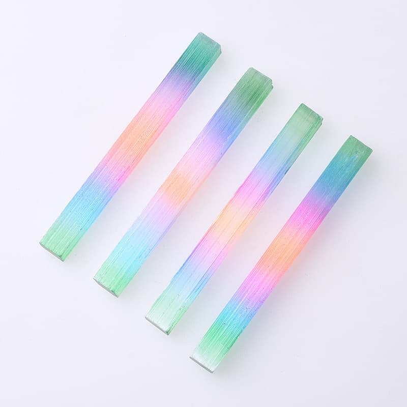 Manufacturer supplies natural Moroccan white transparent selenite gypsum strips, rods, and sheets with electroplated color for cross-border Amazon.