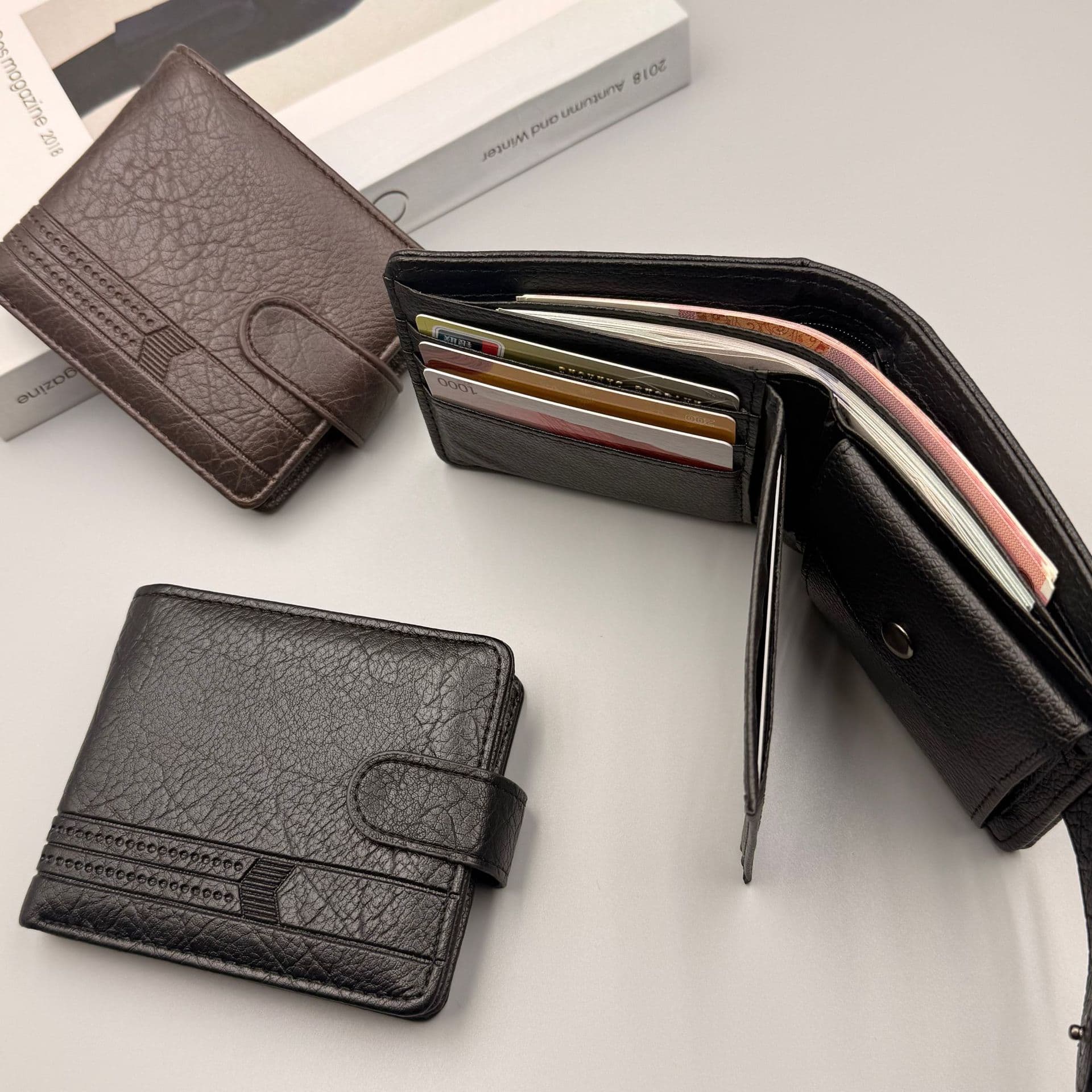 Cross-Border Men's Wallet Large Capacity Multi-Card Slot Vintage Pebble Grain Leather Wallet with Buckle Factory Direct Supply