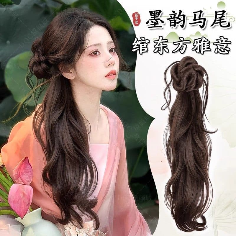 Braided Ponytail Wig New Chinese Style Bun Ponytail Braid Wig Realistic Hair Ancient Style Clip Side Ponytail