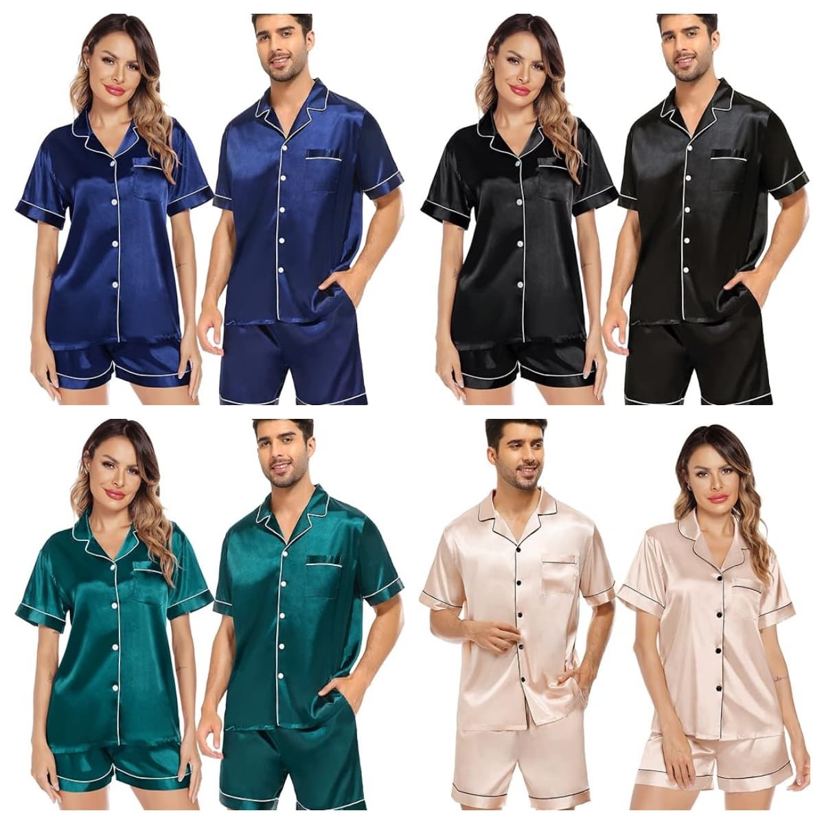 Cross-border Amazon AliExpress Ice Silk Pajamas Women Men Short Sleeve Satin Couple Sleepwear Loungewear