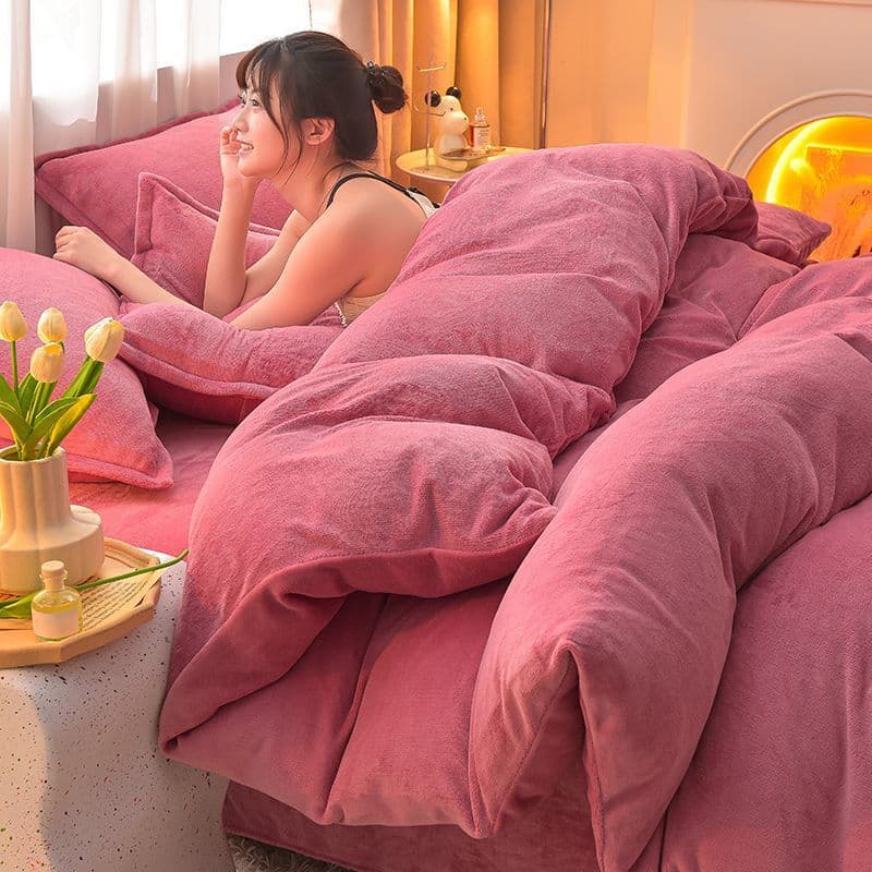 Milk Fleece Duvet Cover Double-Sided Fleece Four-Piece Set, Solid Color Two-Tone Winter Duvet Cover, Thickened Dormitory Three-Piece Set Factory