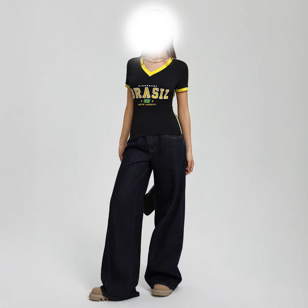 2025ins cross-border summer new street American trendy hot girl letter print slim fit and versatile V-neck women's T-shirt