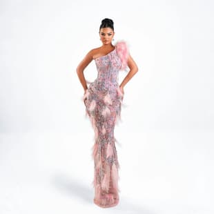 European and American Style Pink One-shoulder Evening Gown Handmade Feather 3D Floral Sequin Fitted Long Dress Banquet Evening Wear