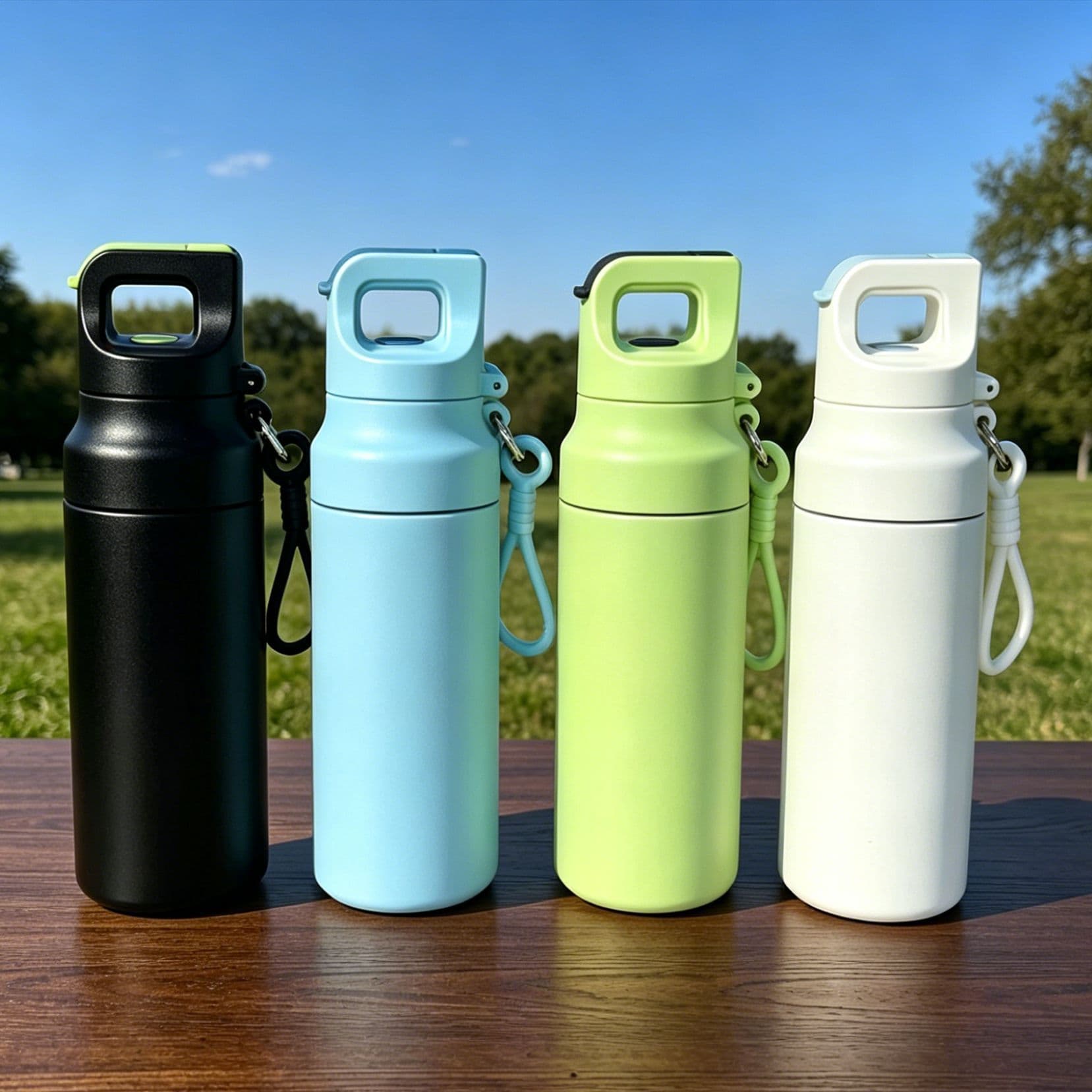 Stainless steel thermos cup for outdoor sports, one-click opening, large capacity, double drink, portable fitness water cup with rope kettle