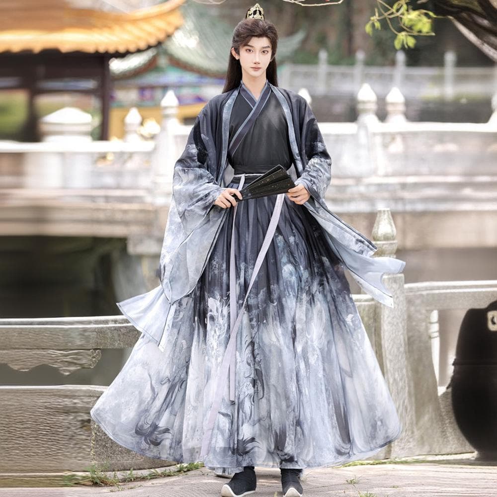 New Wei-Jin Style Ancient Costume Matching Couple Set Song Dynasty Print Men's Hanfu Ink Bamboo White Daily Wearable