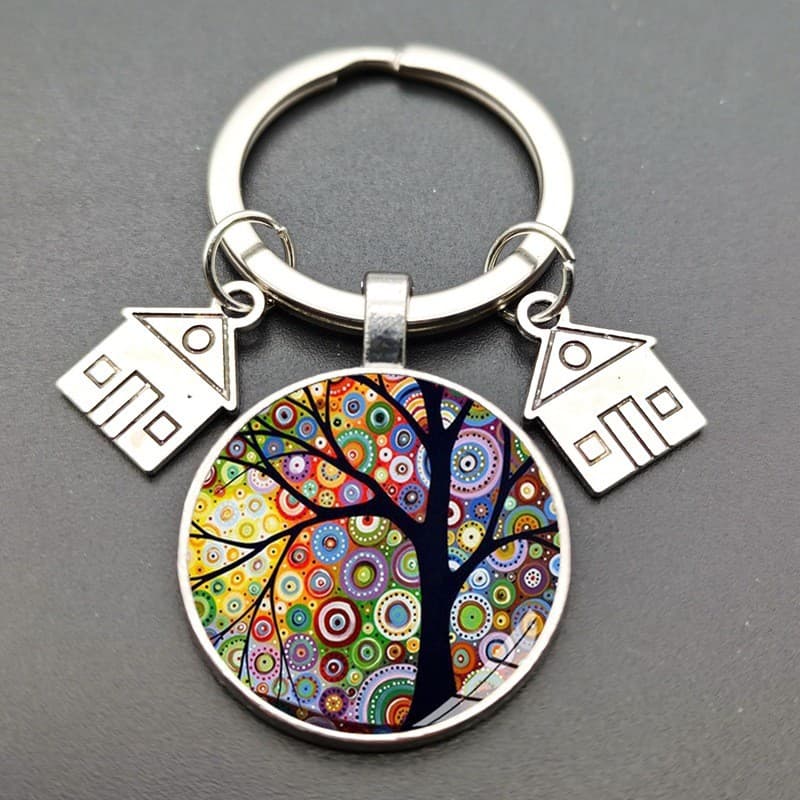 Cross-Border Export Small House Pendant and Round Glass Alloy Pendant Keychain Factory Direct Sale