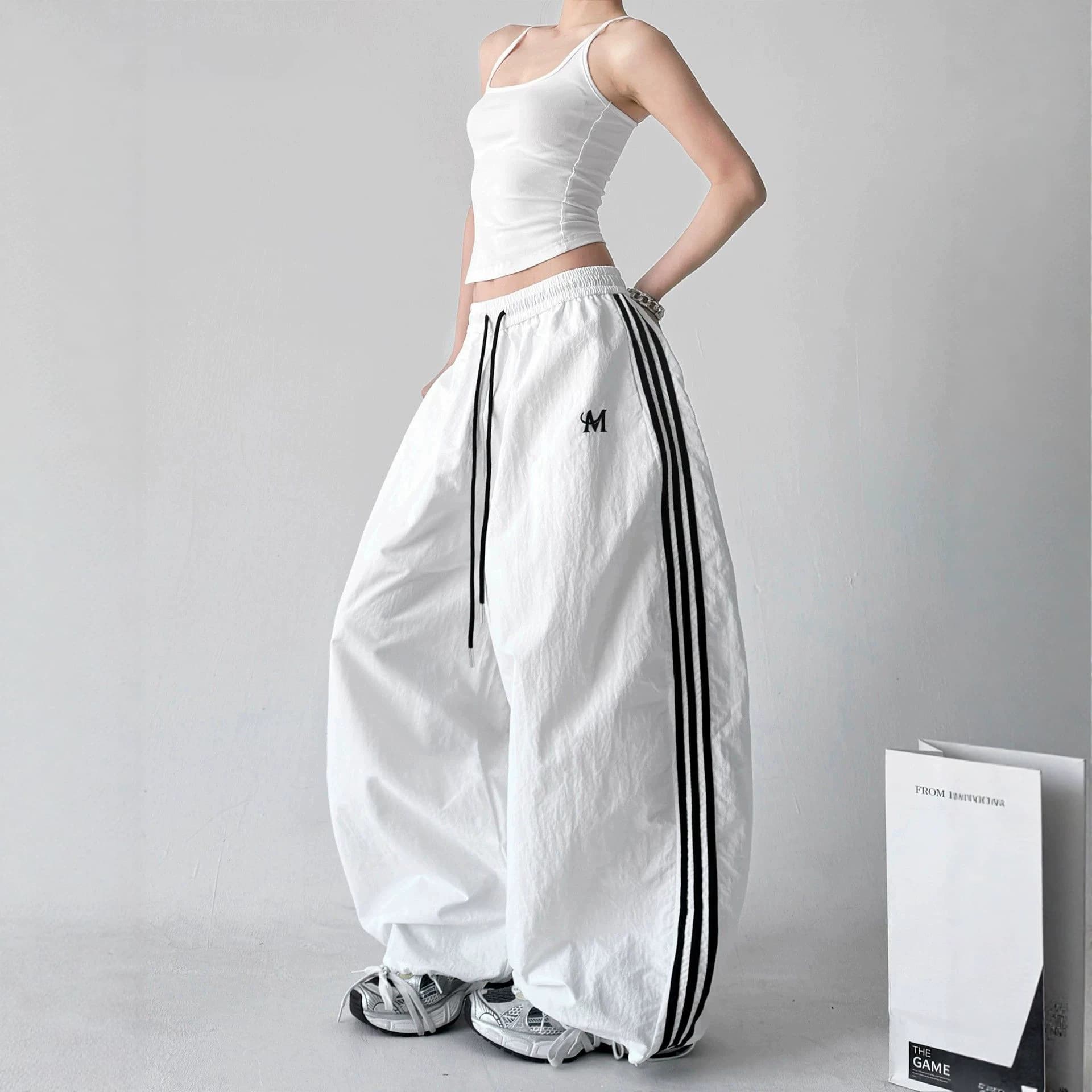 Designer White Quick-Dry Striped Cargo Pants Women Summer Thin Hip-Hop Sweatpants Loose Drawstring Casual Pants
